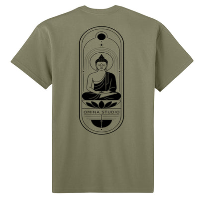 Omina heavyweight olive green cotton t-shirt featuring a black Buddha line art graphic on the back