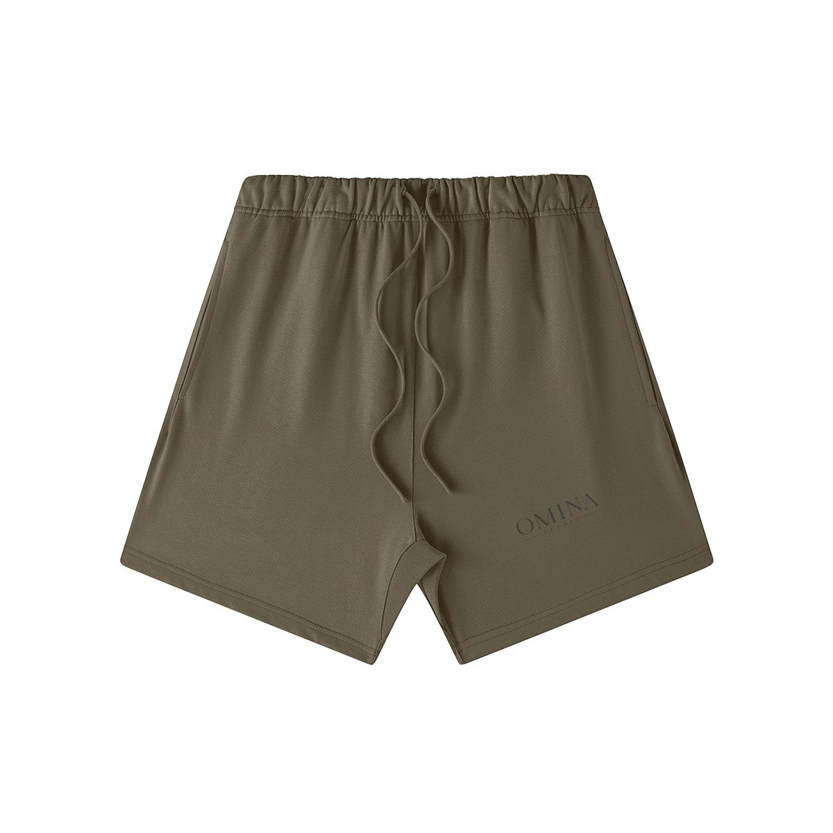 Omina Studio Taupe  heavyweight French terry shorts with drawstring and subtle logo detail.