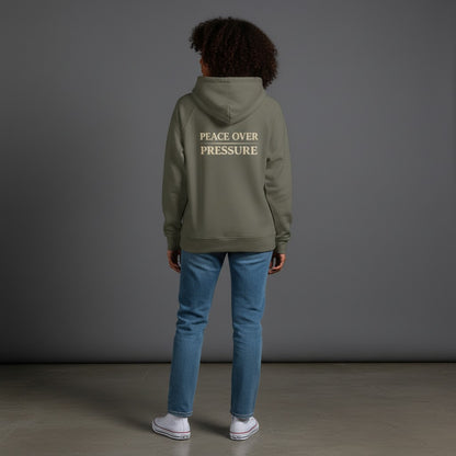 Omina olive green full-zip hoodie with "PEACE OVER PRESSURE" graphic on back. Made of 100% combed cotton.