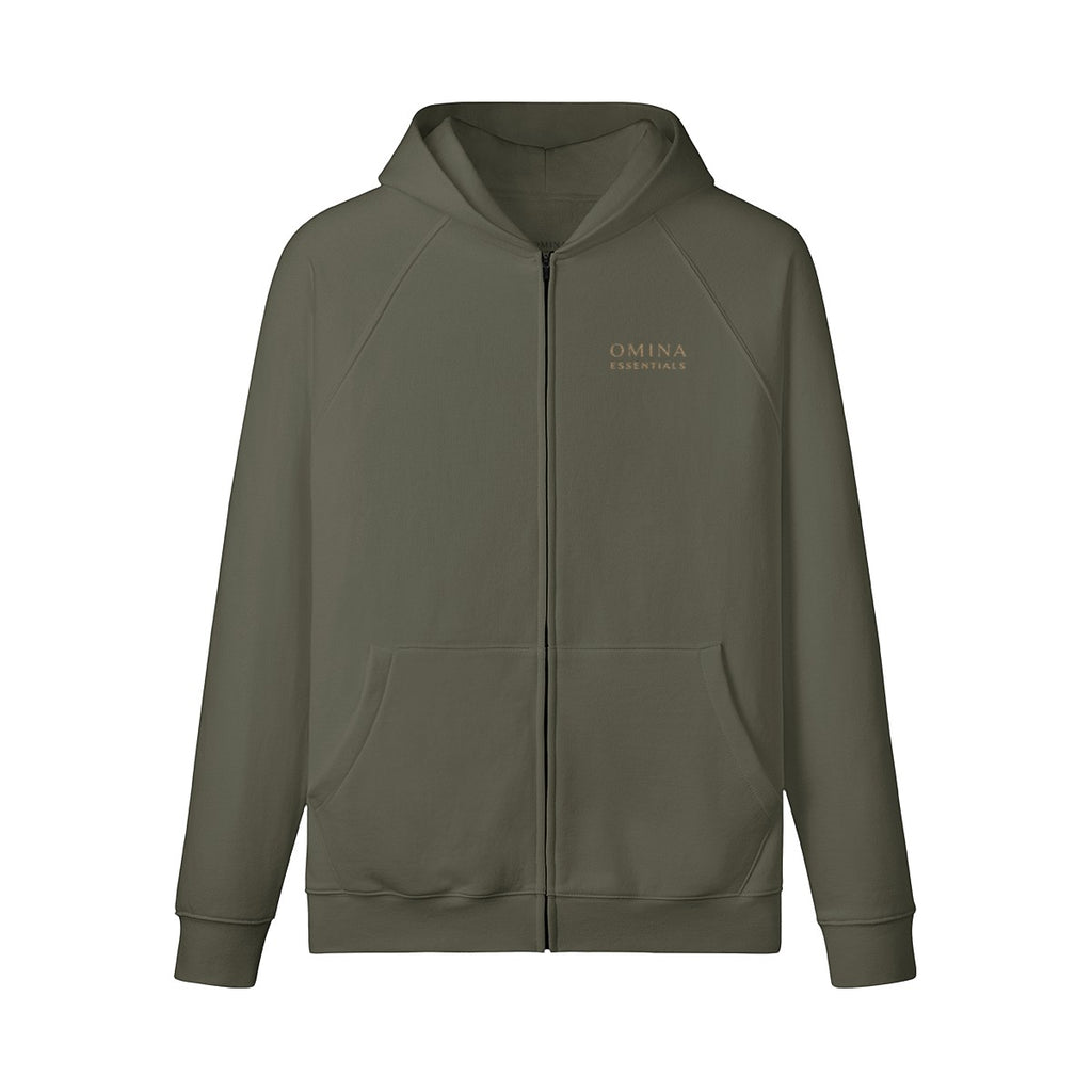 Omina olive green full-zip hoodie made from 100% combed cotton with brushed fleece interior and kangaroo pockets.