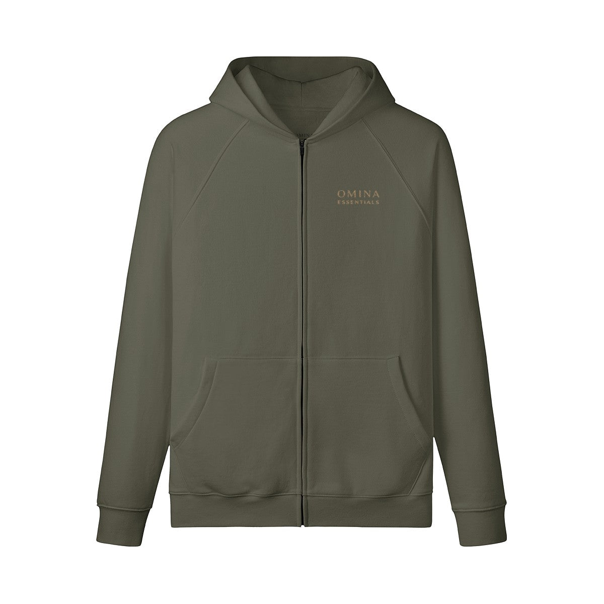 Omina olive green full-zip hoodie made from 100% combed cotton with brushed fleece interior and kangaroo pockets.