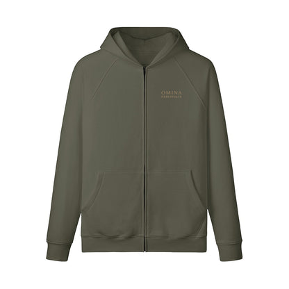 Omina olive green full-zip hoodie made from 100% combed cotton with brushed fleece interior and kangaroo pockets.