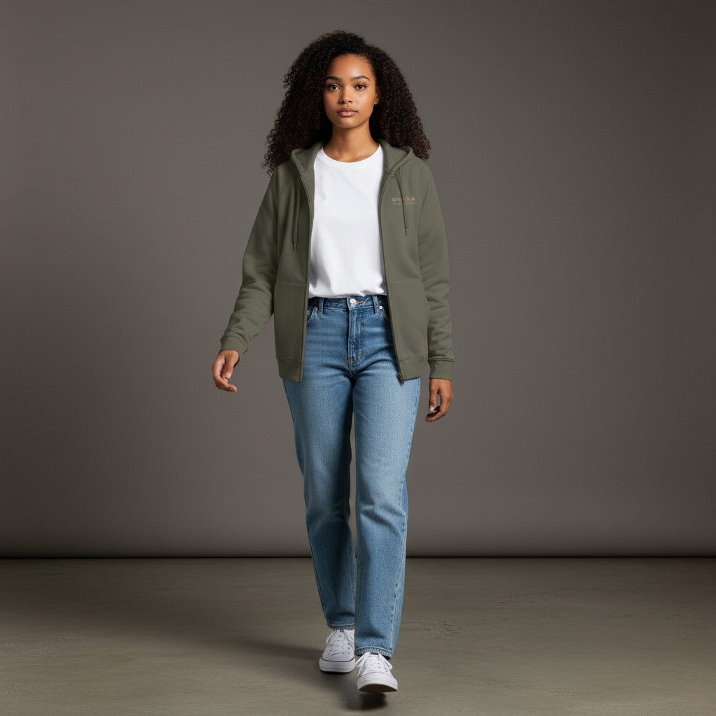 Omina olive green 100% combed cotton full-zip hoodie with brushed fleece interior and kangaroo pockets.