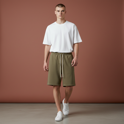Male model wearing Omina olive green drawstring shorts with a white t-shirt and sneakers against a brown background.