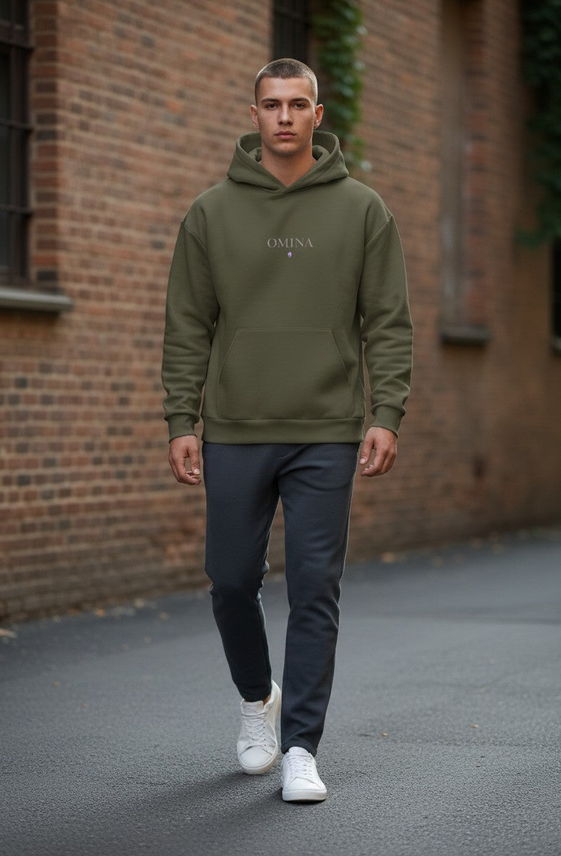 Omina Studio olive green heavyweight fleece pullover hooded sweatshirt with kangaroo pocket and subtle logo.