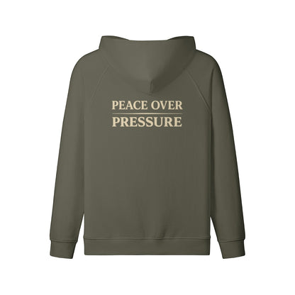 Omina olive green full-zip hoodie with "PEACE OVER PRESSURE" graphic on back. 100% combed cotton.