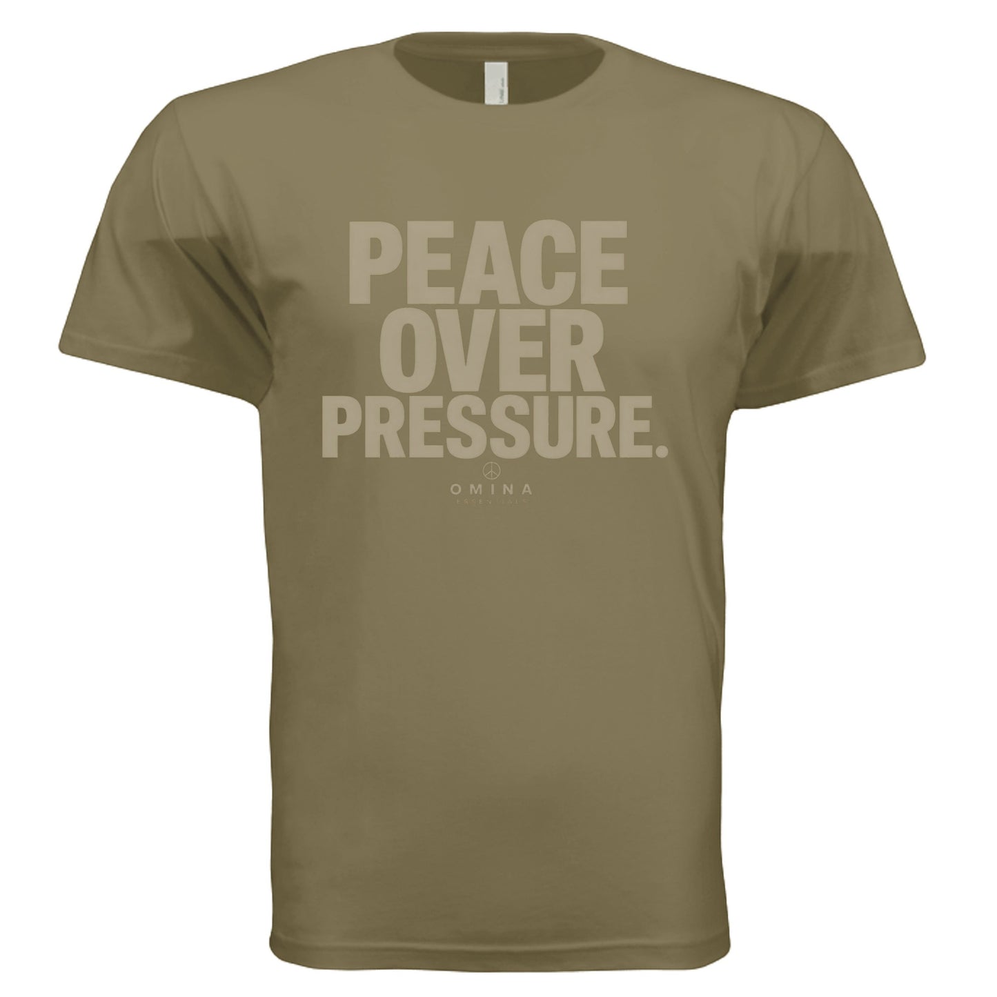 Omina heavyweight olive green cotton t-shirt with Peace Over Pressure graphic print in a relaxed fit.