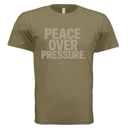 Omina heavyweight olive green cotton t-shirt with Peace Over Pressure graphic print in a relaxed fit.