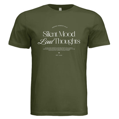 Omina olive green unisex jersey tee featuring Silent Mood graphic print in white on the chest.