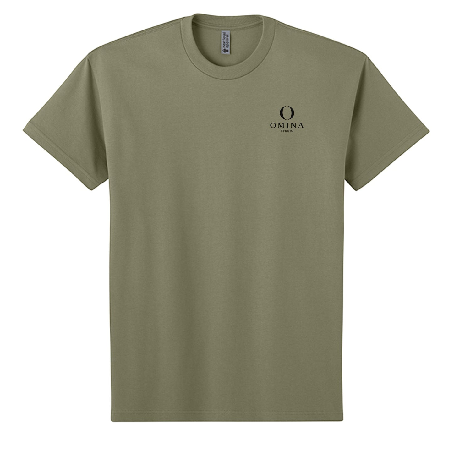 Omina heavyweight olive green cotton t-shirt with OMINA Studio logo on the chest