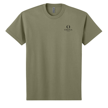 Omina heavyweight olive green cotton t-shirt with OMINA Studio logo on the chest