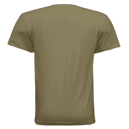 Back view of Omina heavyweight olive green cotton t-shirt with a relaxed fit and dropped shoulders.