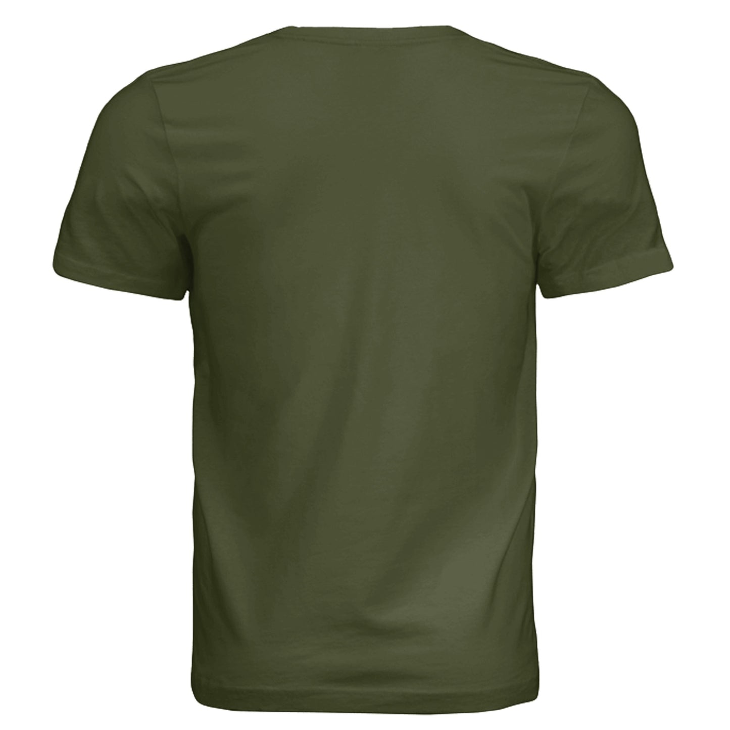 Back view of an Omina olive green unisex jersey tee made from soft combed cotton with a clean minimalist design.