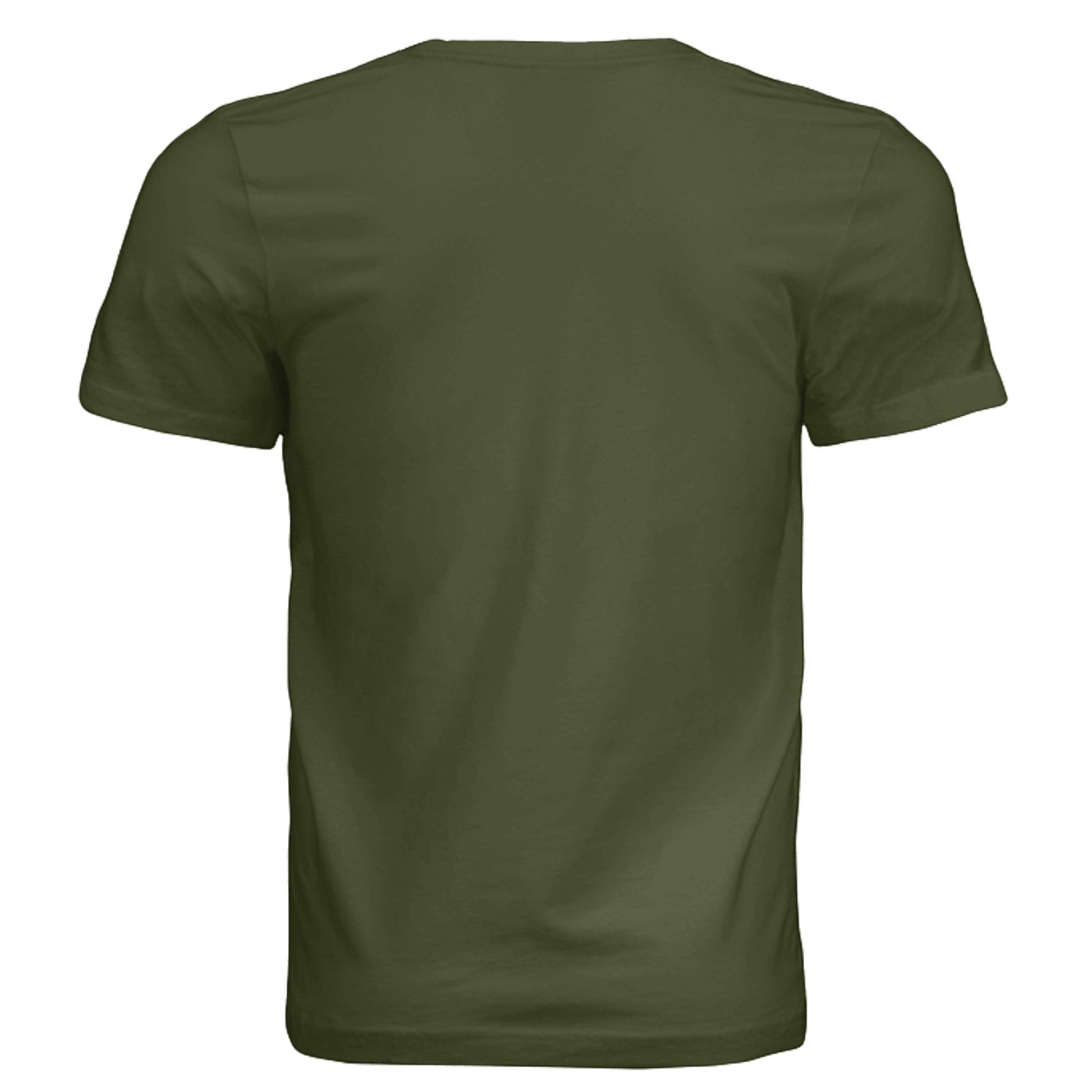 Back view of an Omina olive green unisex jersey tee made from soft combed cotton with a clean minimalist design.