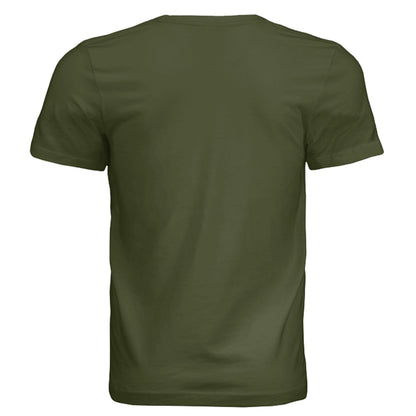 Back view of an Omina olive green unisex jersey tee made from soft combed cotton with a clean minimalist design.