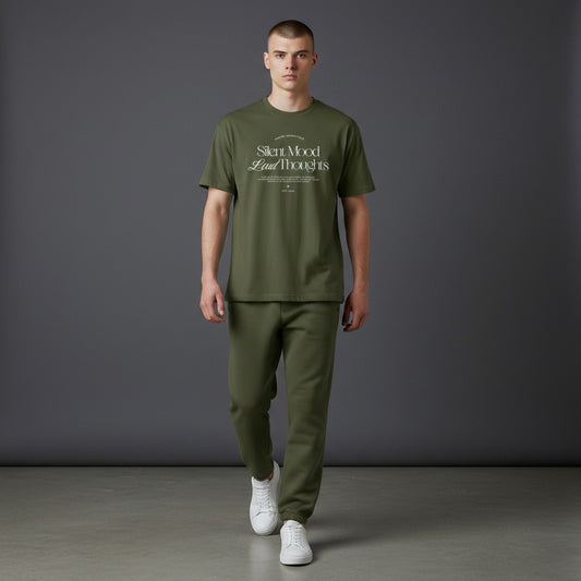 Omina Silent Mood olive green cotton jersey t-shirt worn by a male model with matching joggers and white sneakers.