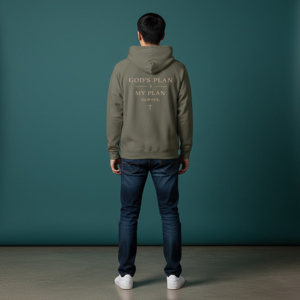 Man wearing an Omina olive green heavyweight cotton zip hoodie with God's Plan graphic on the back