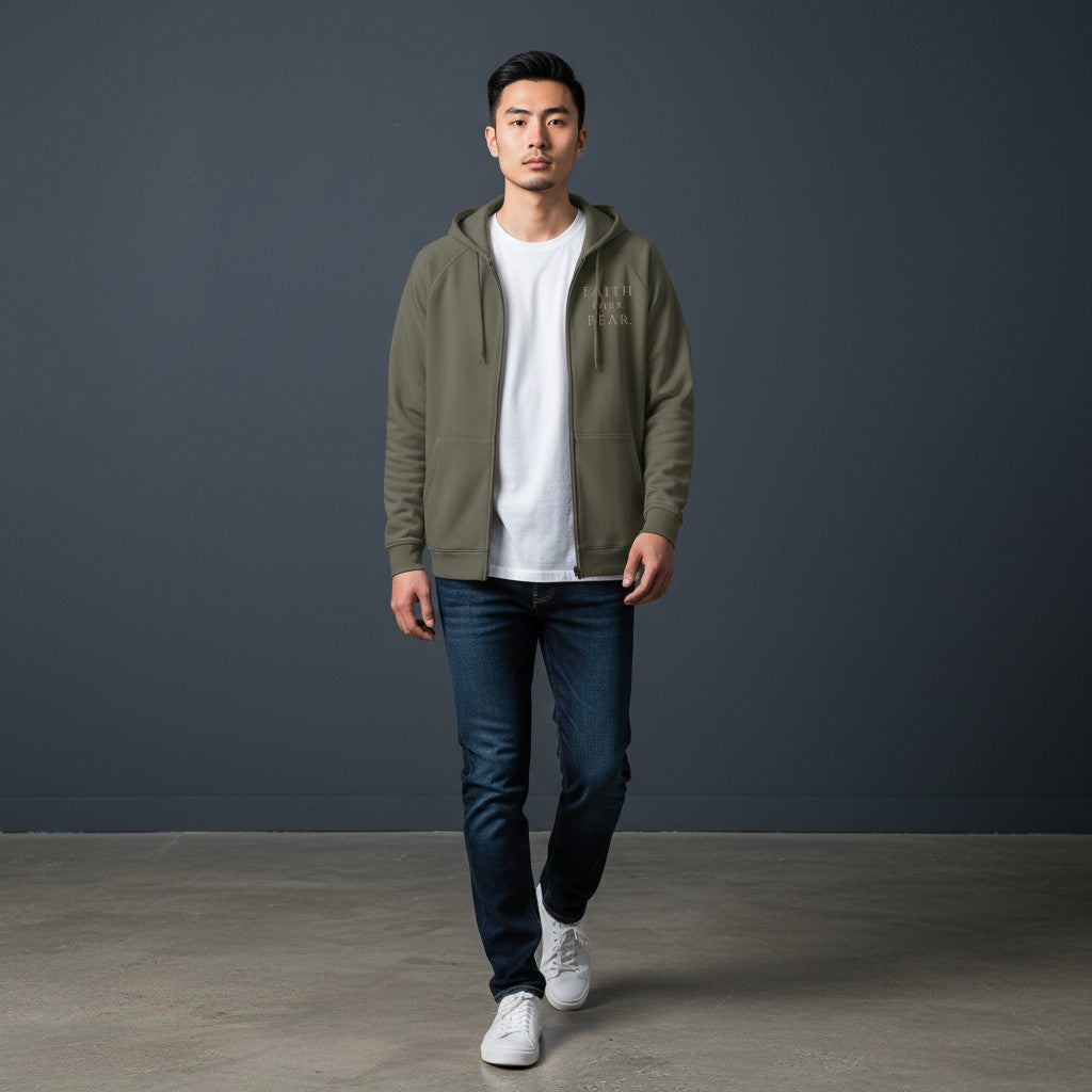 A man wearing an Omina olive green heavyweight cotton zip hoodie with Faith Over Fear text on the chest.