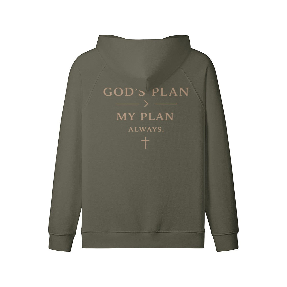 Omina Faith Over Fear zip hoodie in olive green cotton fleece with God's Plan graphic on the back