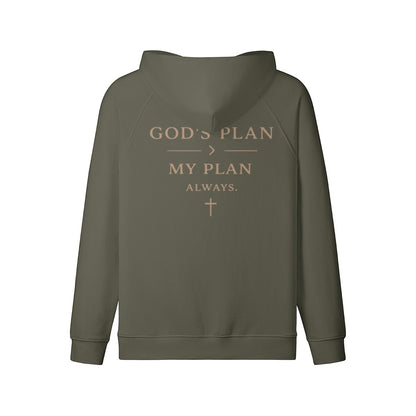 Omina Faith Over Fear zip hoodie in olive green cotton fleece with God's Plan graphic on the back