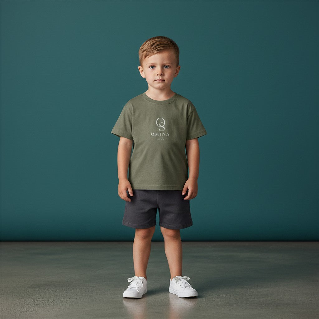 Omina Studio olive green infant t-shirt made from soft, breathable fine jersey cotton with a classic fit and minimalist logo.