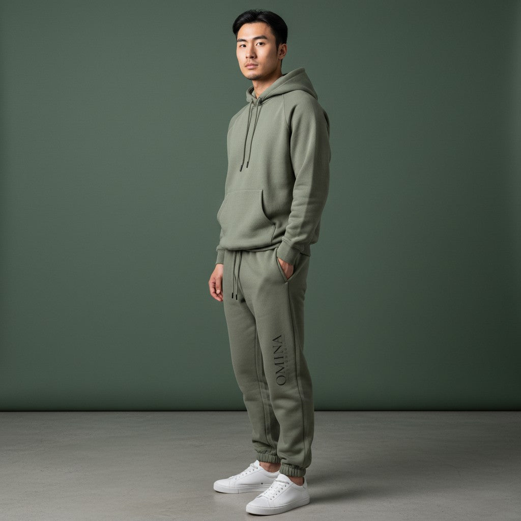 Omina Studio olive green heavyweight cotton blend sweatpants with elastic waistband, drawcord, and subtle logo.