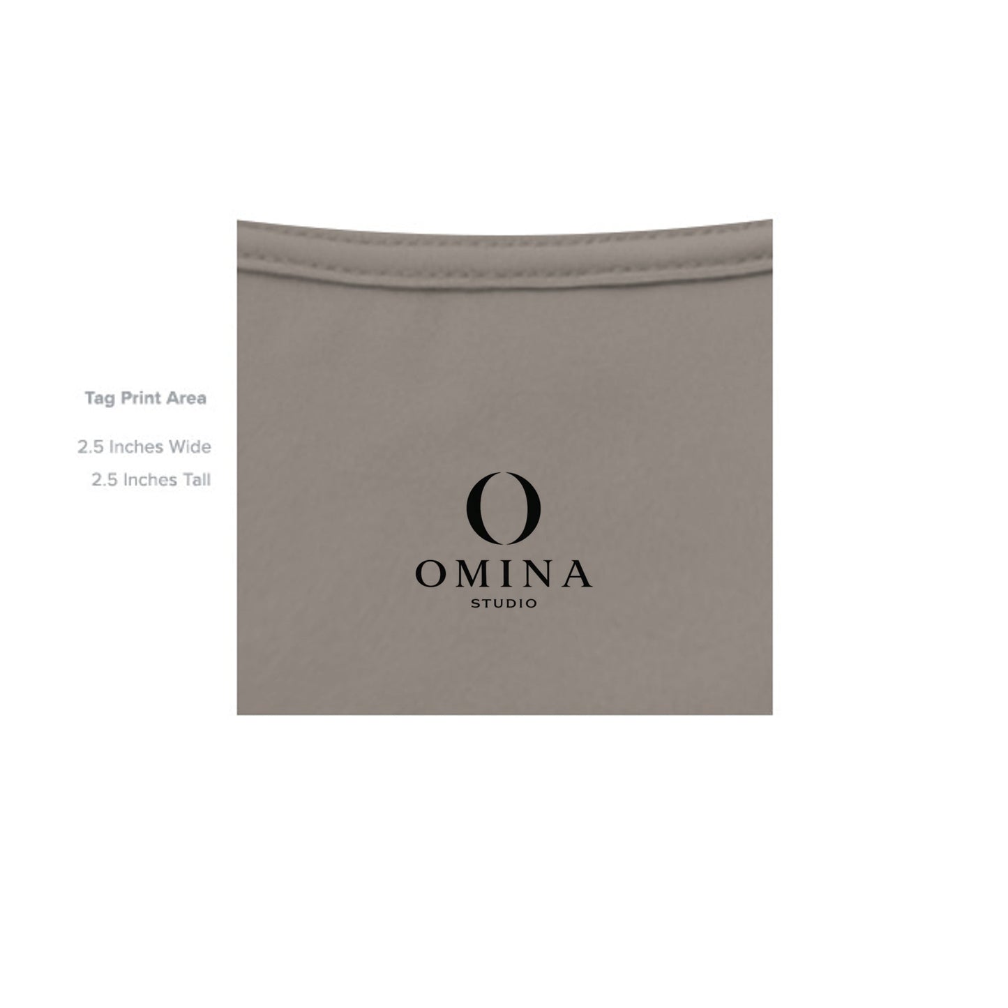 Omina OMINA Studio branded inner neck label print on a taupe heavyweight cotton t-shirt