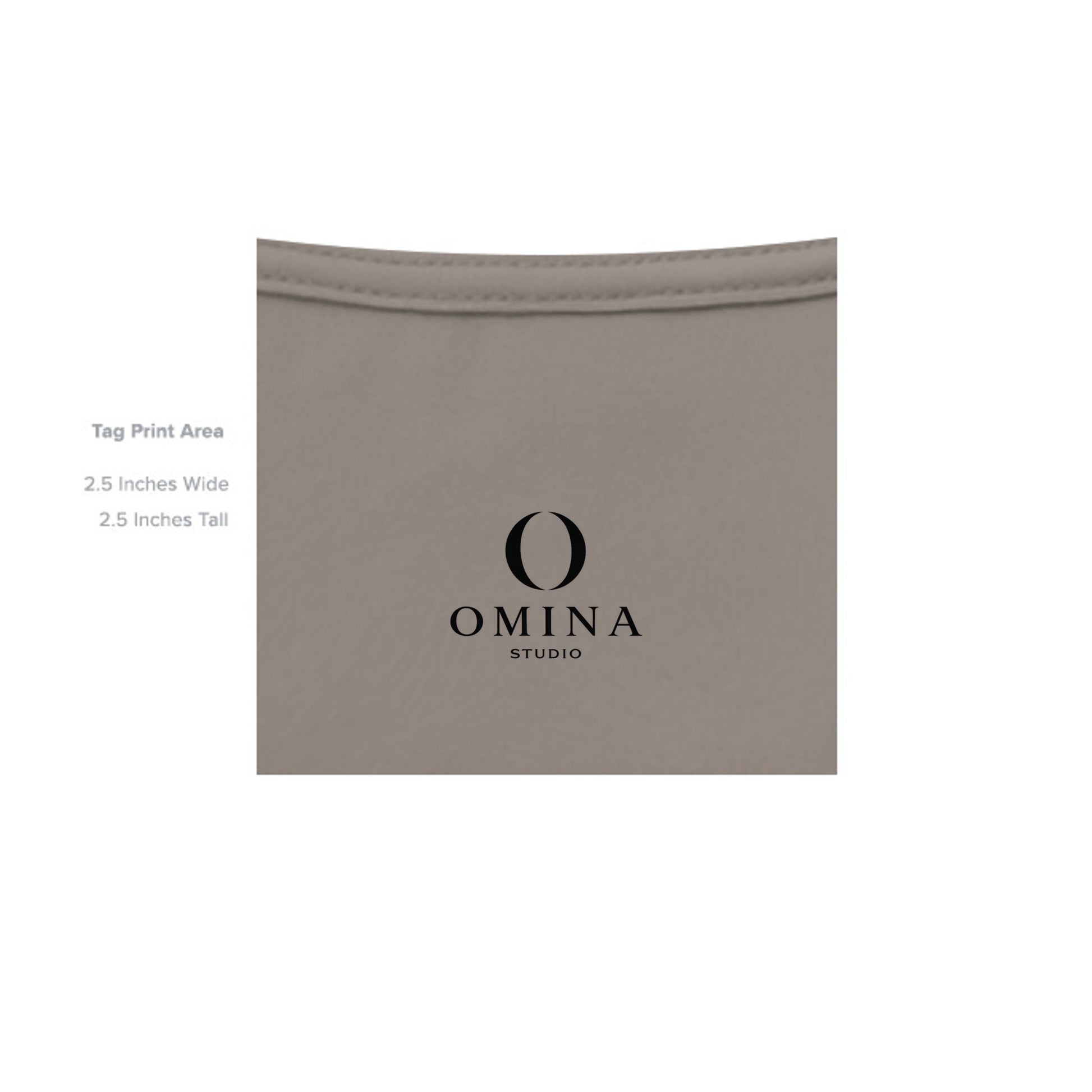 Omina OMINA Studio branded inner neck label print on a taupe heavyweight cotton t-shirt
