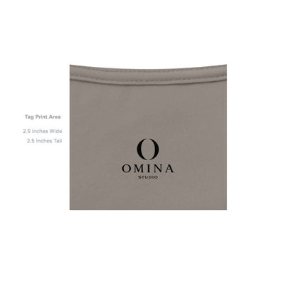 Omina OMINA Studio branded inner neck label print on a taupe heavyweight cotton t-shirt