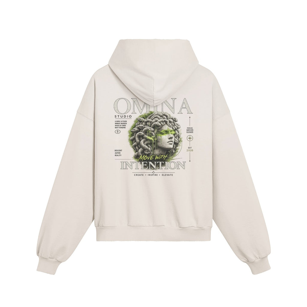 Omina oversized cream cotton hoodie with distressed details and Medusa graphic print. Boxy fit, drop shoulders, frayed hem.