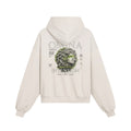 Omina oversized cream cotton hoodie with distressed details and Medusa graphic print. Boxy fit, drop shoulders, frayed hem.