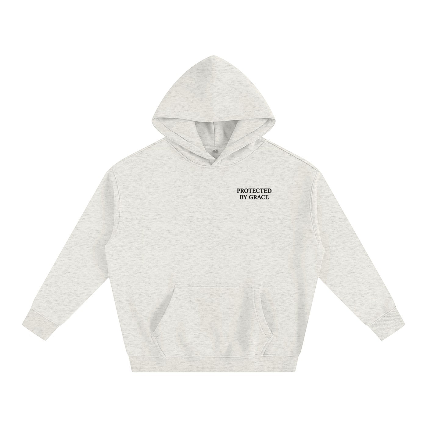 Omina oversized fleeced hoodie in heather grey with Protected By Grace text on the chest and a front kangaroo pocket.