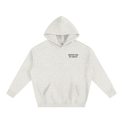 Omina oversized fleeced hoodie in heather grey with Protected By Grace text on the chest and a front kangaroo pocket.