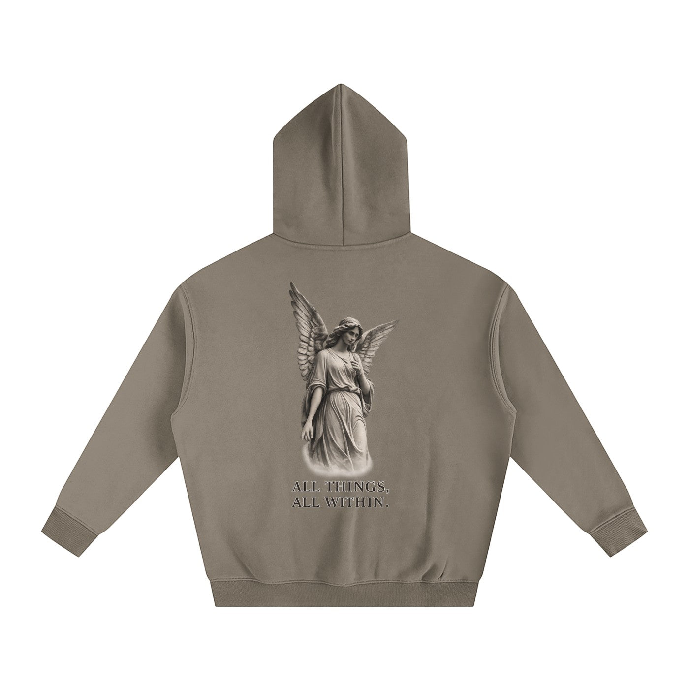 Omina oversized taupe fleeced hoodie with angel graphic and All Things, All Within text on the back.