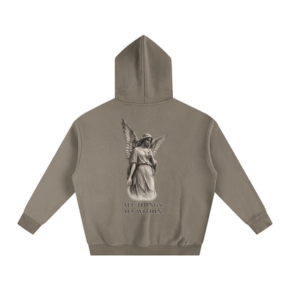 Omina oversized taupe fleeced hoodie with angel graphic and All Things, All Within text on the back.