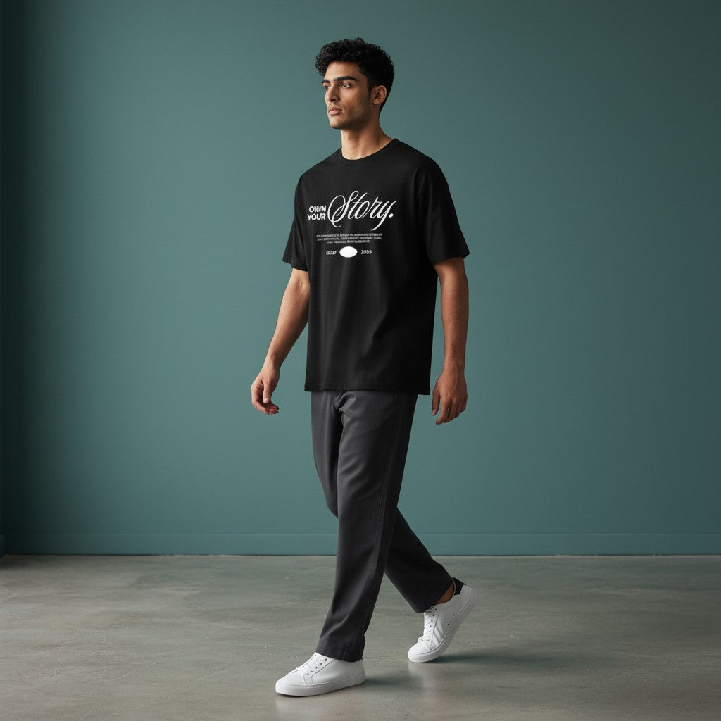 Omina black heavyweight cotton oversized t-shirt with "Own Your Story" graphic print. Model is wearing dark grey pants and white sneakers.