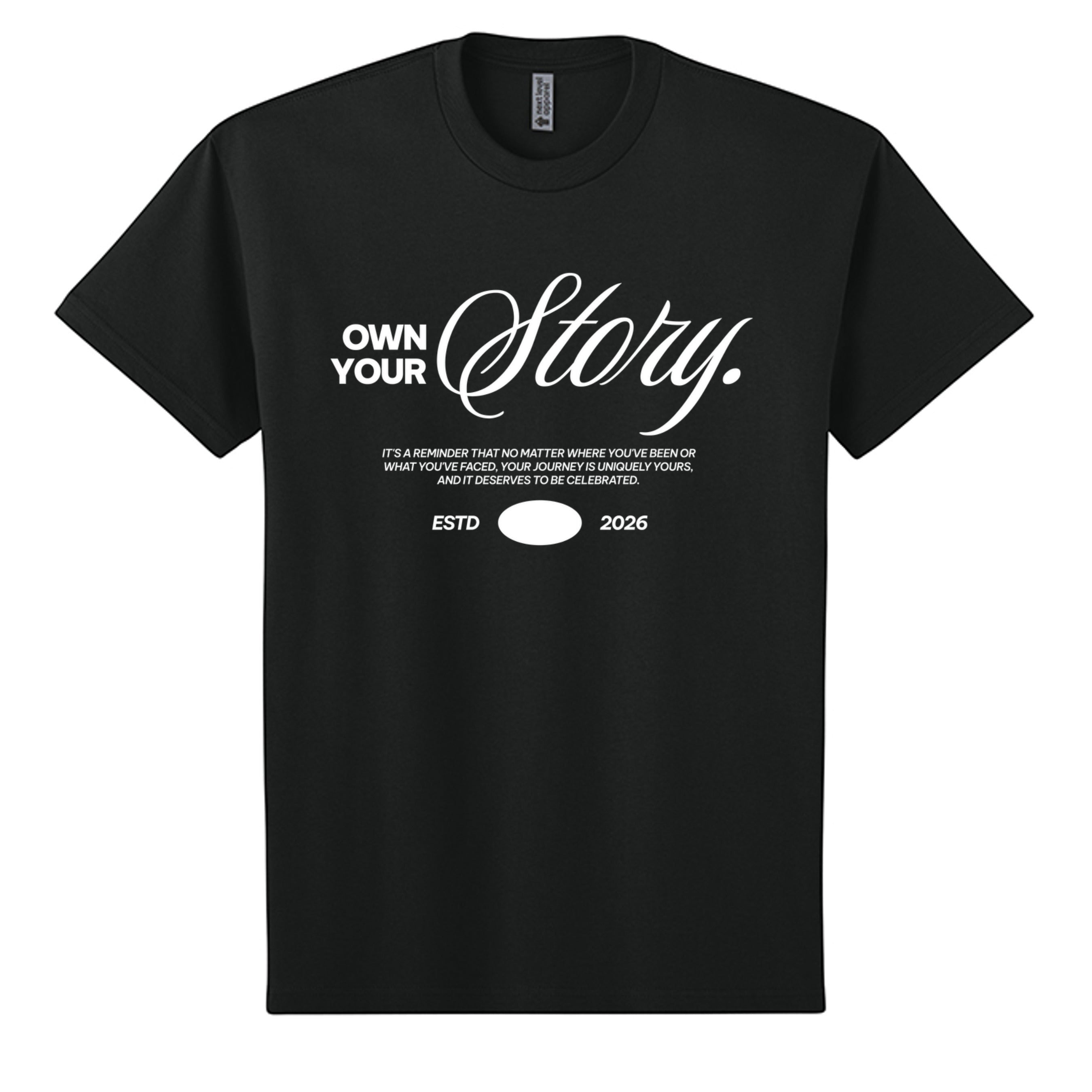 Omina black heavyweight cotton oversized t-shirt with white "Own Your Story" graphic and ESTD 2026.