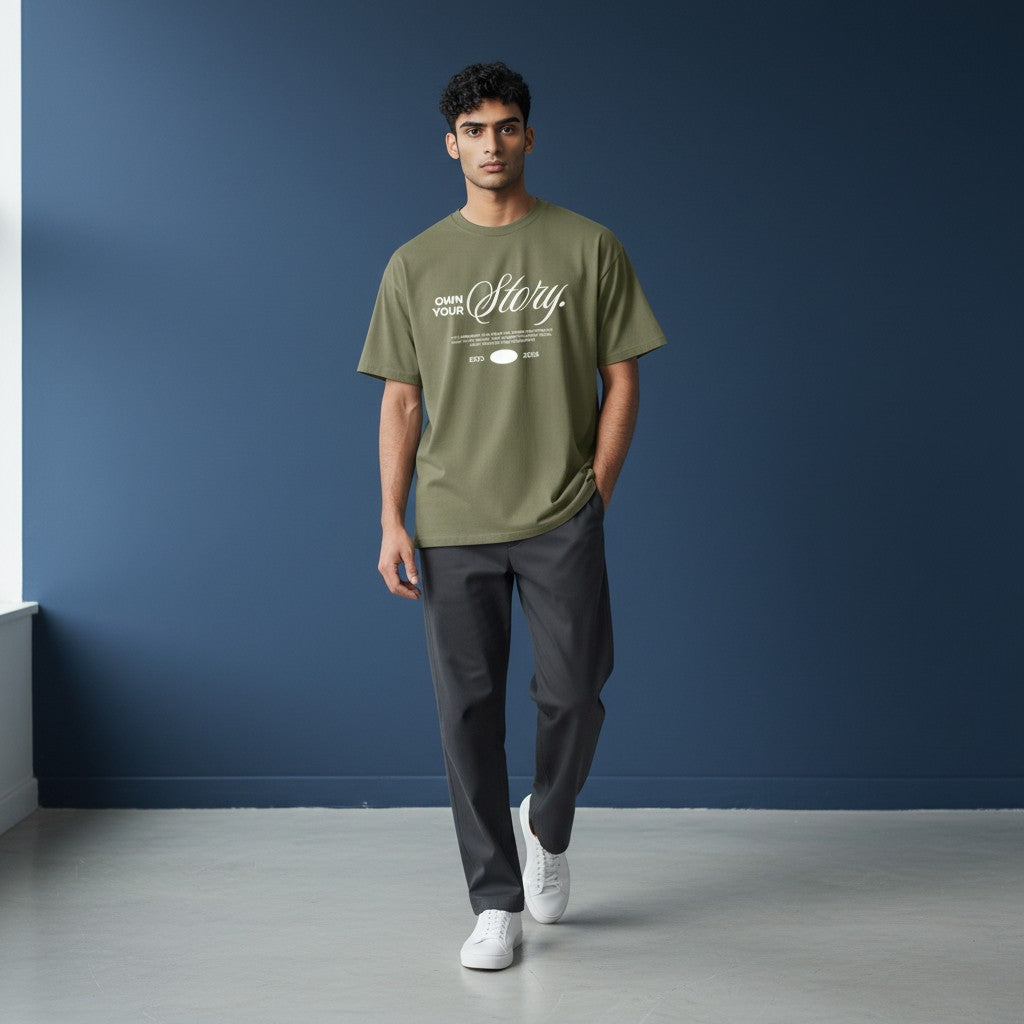 Omina olive green heavyweight cotton oversized t-shirt with "OWN YOUR STORY" graphic print and oval detail.