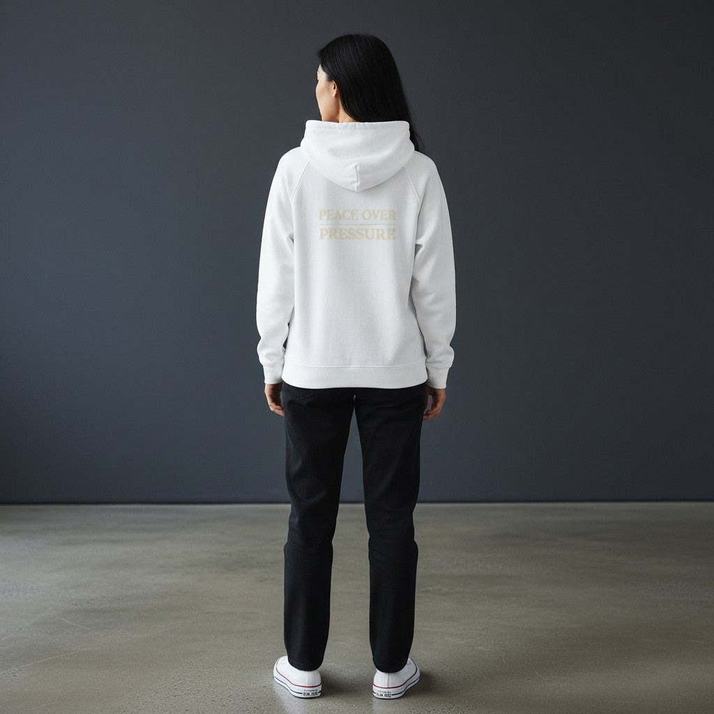 Omina white 100% combed cotton full-zip hoodie with "PEACE OVER PRESSURE" graphic on back. Relaxed fit.