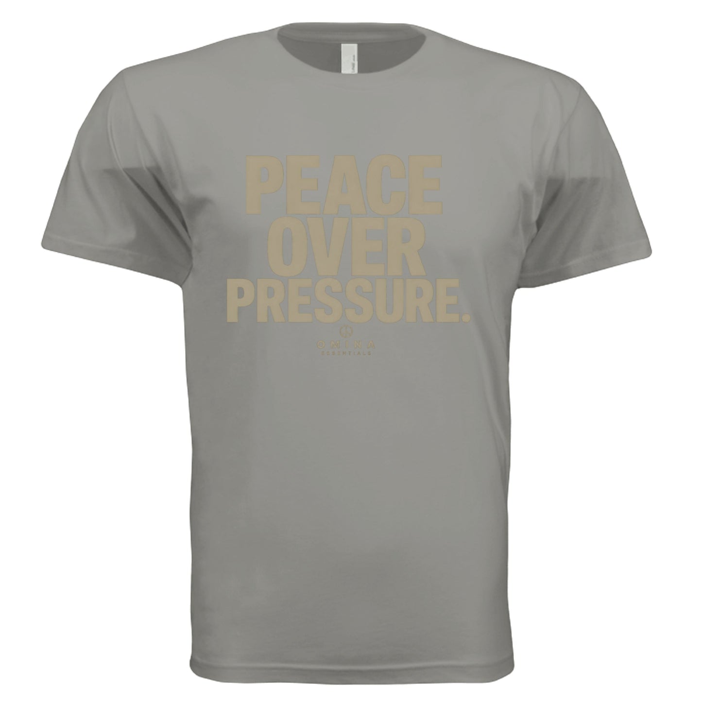 Omina PEACE OVER PRESSURE heavyweight cotton t-shirt in grey with minimalist tan graphic print.