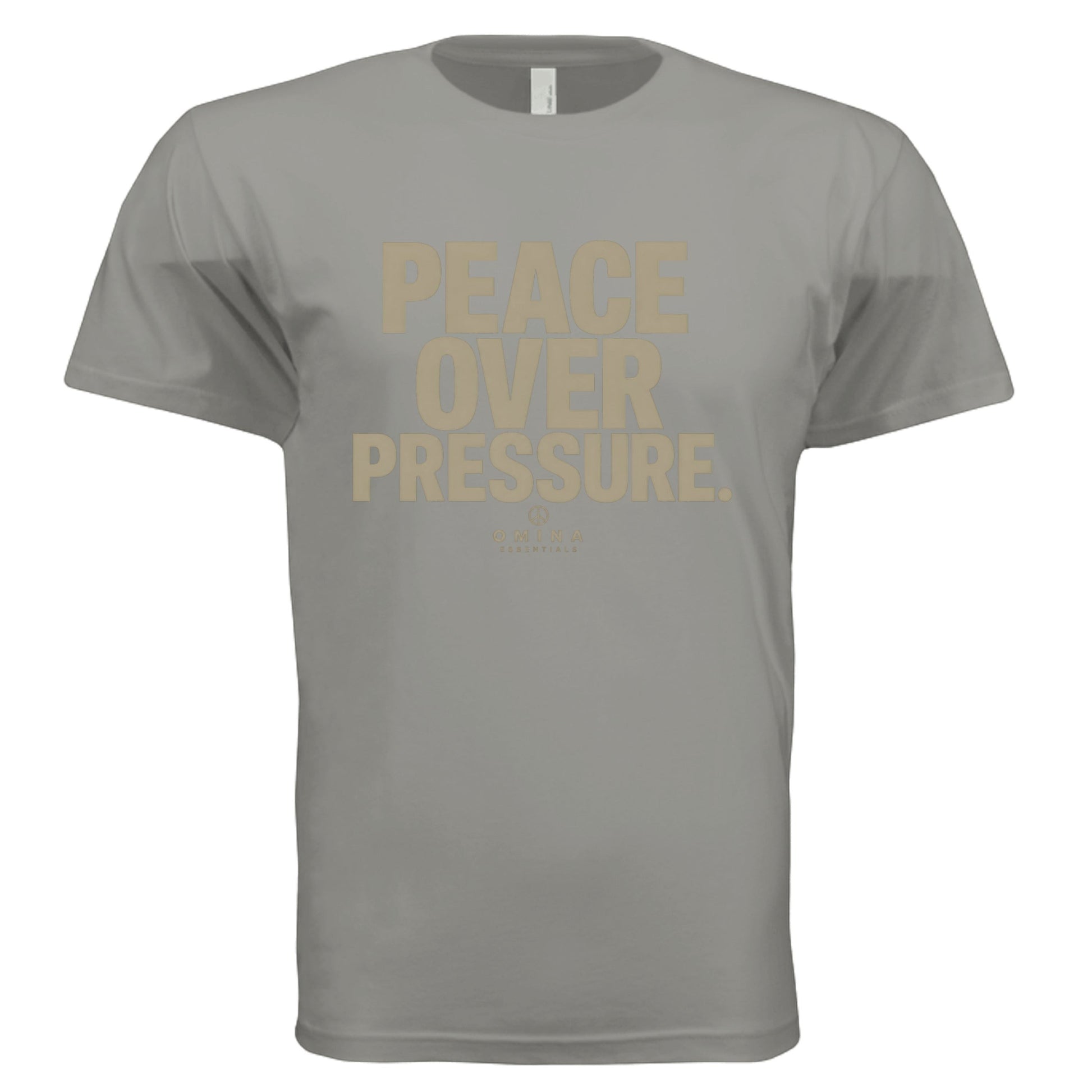 Omina PEACE OVER PRESSURE heavyweight cotton t-shirt in grey with minimalist tan graphic print.
