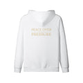 Omina white 100% combed cotton full-zip hoodie with "PEACE OVER PRESSURE" graphic on back. Relaxed fit.