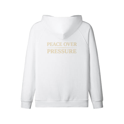 Omina white 100% combed cotton full-zip hoodie with "PEACE OVER PRESSURE" graphic on back. Relaxed fit.