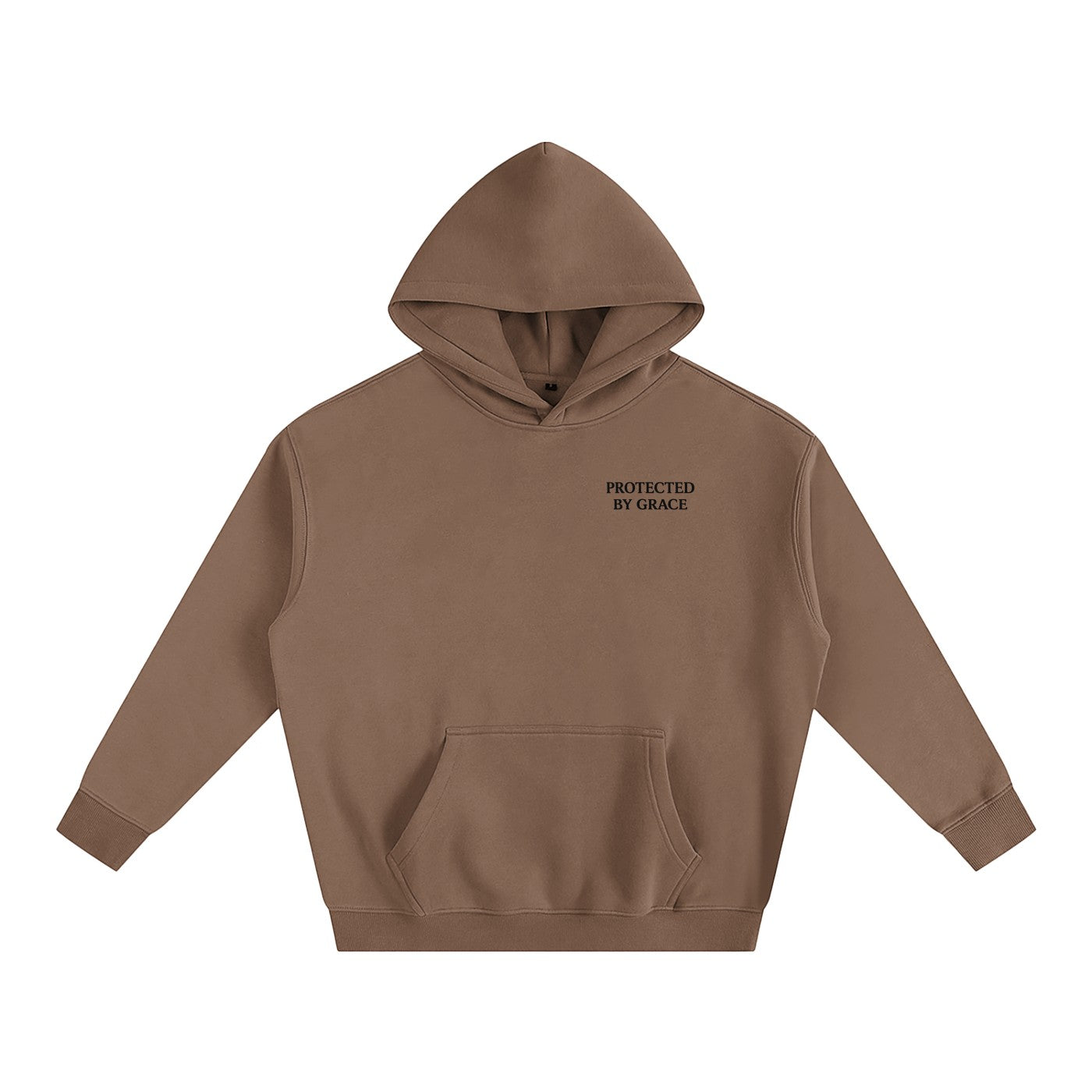 Omina Protected By Grace oversized brown fleeced hoodie with drop shoulders and front kangaroo pocket.