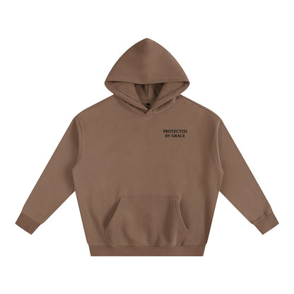 Omina Protected By Grace oversized brown fleeced hoodie with drop shoulders and front kangaroo pocket.