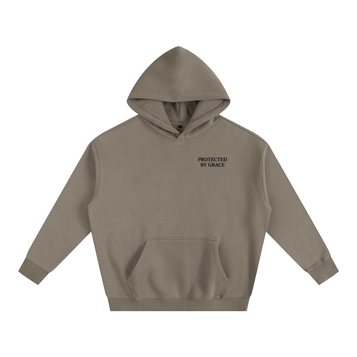 Omina Protected By Grace oversized taupe fleeced hoodie with drop shoulders and front pocket.