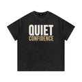Omina black mineral wash waffle knit t-shirt with "Quiet Confidence" graphic print. Relaxed fit, crew neck.
