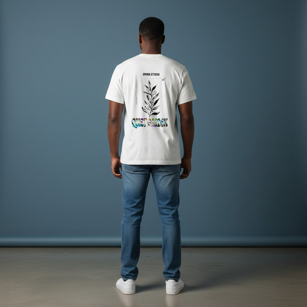 OMINA Studio white heavyweight cotton t-shirt with drop shoulders and a graphic print of a plant and "Quiet Garden" text.