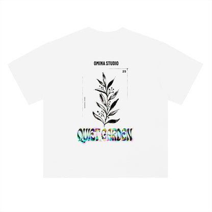Omina Studio white heavyweight cotton t-shirt with drop shoulders and a graphic print of a plant stem and "Quiet Garden" text.