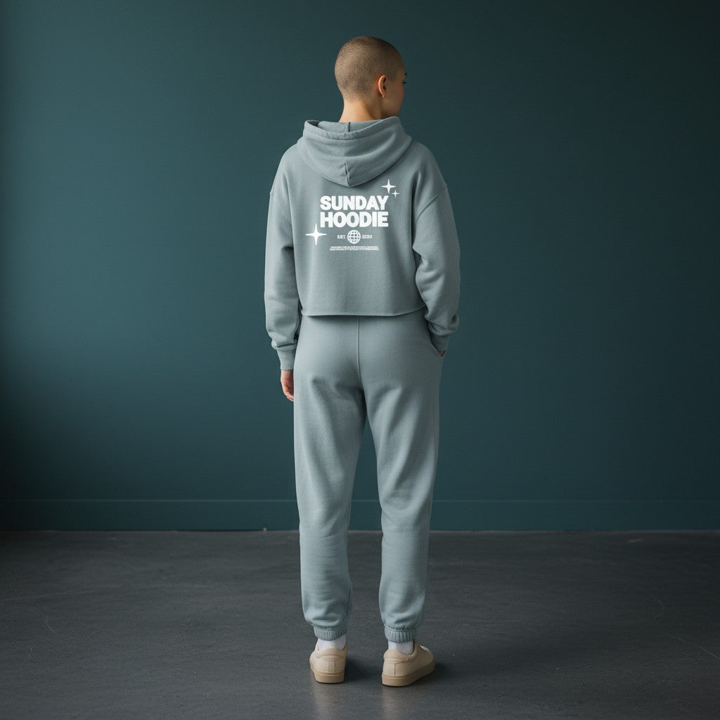 Model wearing an Omina Essentials sage green cropped Sunday hoodie with white back graphic and matching sweatpants